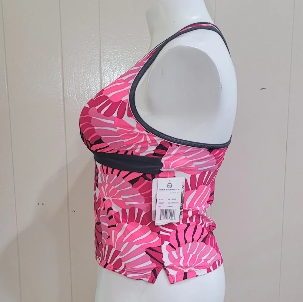 New Free Country XL Pink Tropical Leaf Print Tankini/ Yoga Top Sz 16 - Picture 3 of 9